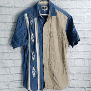 Cumberland Outfitters Mens Western Snap Shirt L Blue Tan Aztec Denim Colorblock